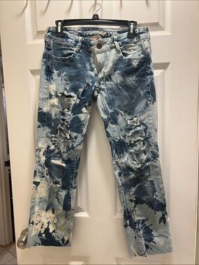 American Eagle Outfitters Blue Tie-Dye Distressed Cropped Jeans